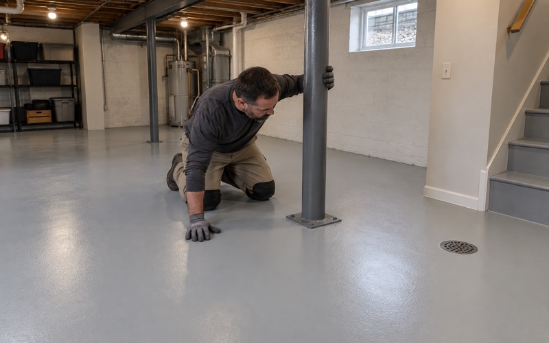 A finished light gray epoxy basement floor in an Evanston house, coated cleanly around the steel support column.