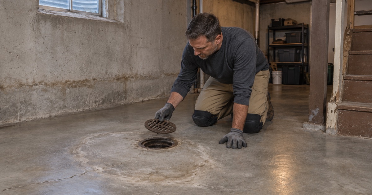 The cast-iron floor drain of an old Evanston basement lifted for inspection, the slab around it stained by past backups.