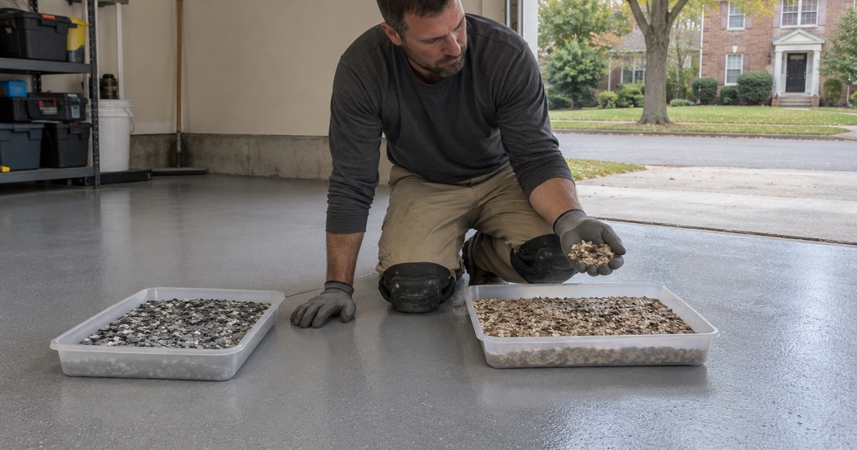 Two flake blends in open trays on a garage slab in Evanston, a handful lifted to compare the chips in daylight.