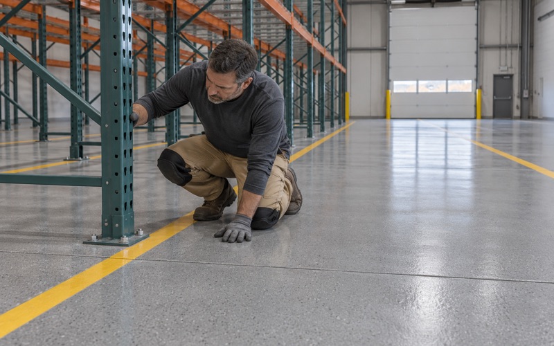 A coated light industrial floor in the Evanston area, the coating checked where it seals around a rack upright's base plate.
