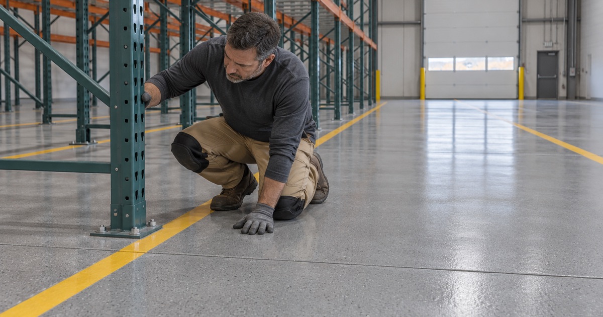 A coated light industrial floor in the Evanston area, the coating checked where it seals around a rack upright’s base plate.