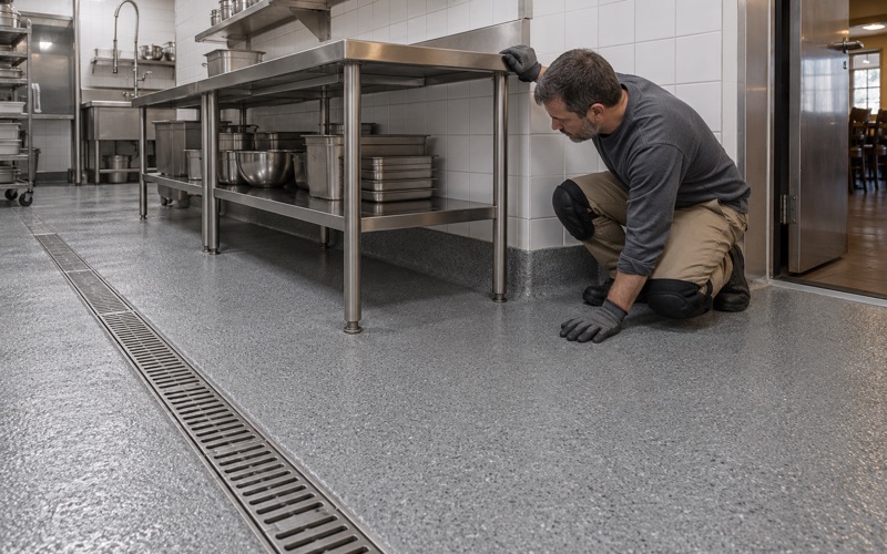 A textured urethane cement floor in an Evanston restaurant prep kitchen, curved up the wall into an integral coved base.