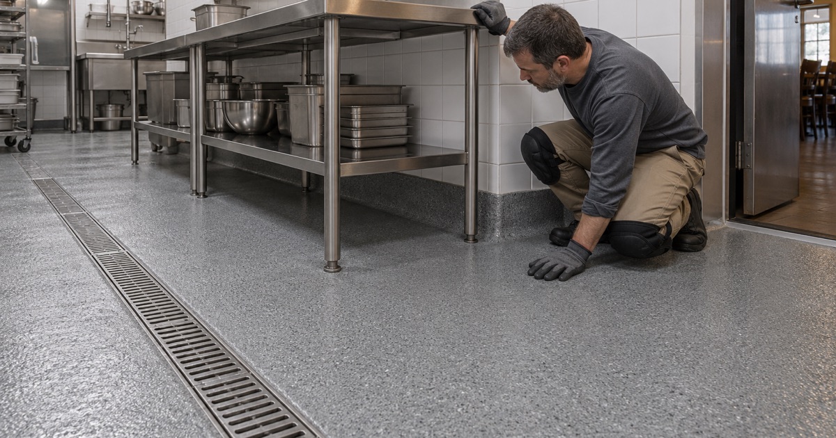 A textured urethane cement floor in an Evanston restaurant prep kitchen, curved up the wall into an integral coved base.