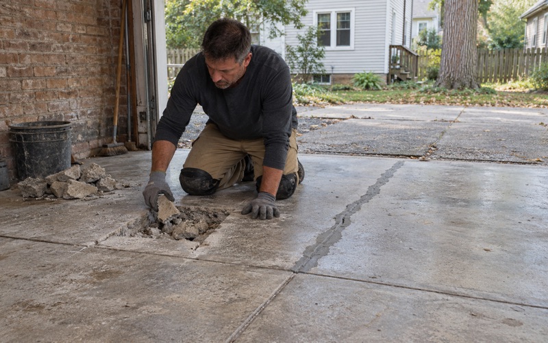 A broken piece of spalled concrete lifted out of an old Evanston garage slab during repair before coating.