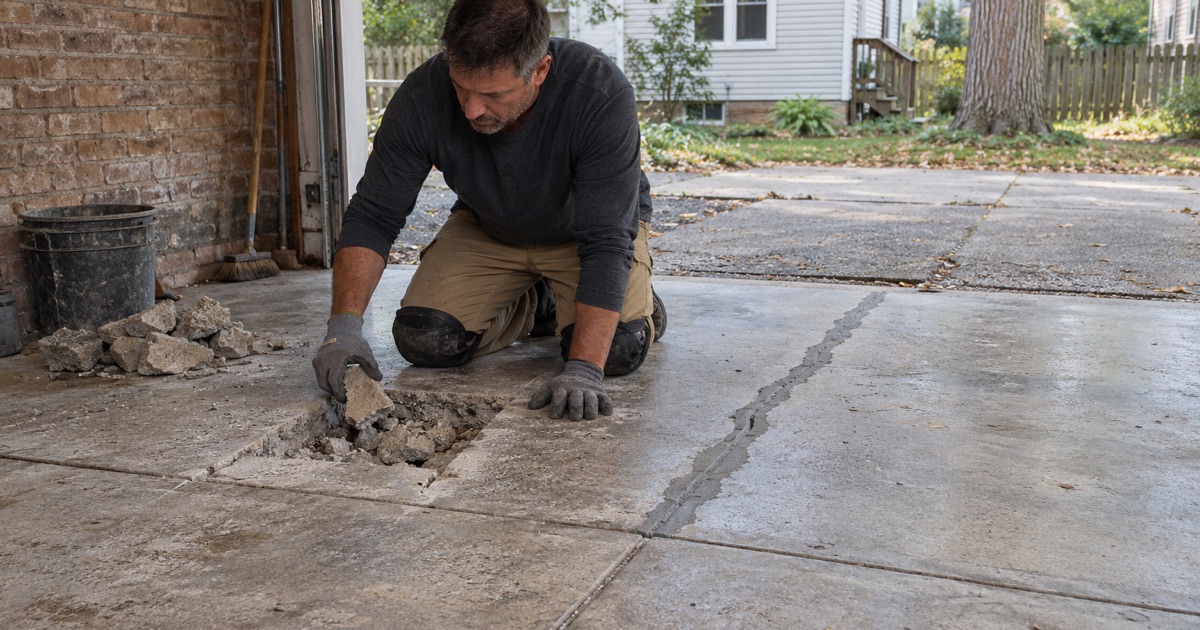 A broken piece of spalled concrete lifted out of an old Evanston garage slab during repair before coating.