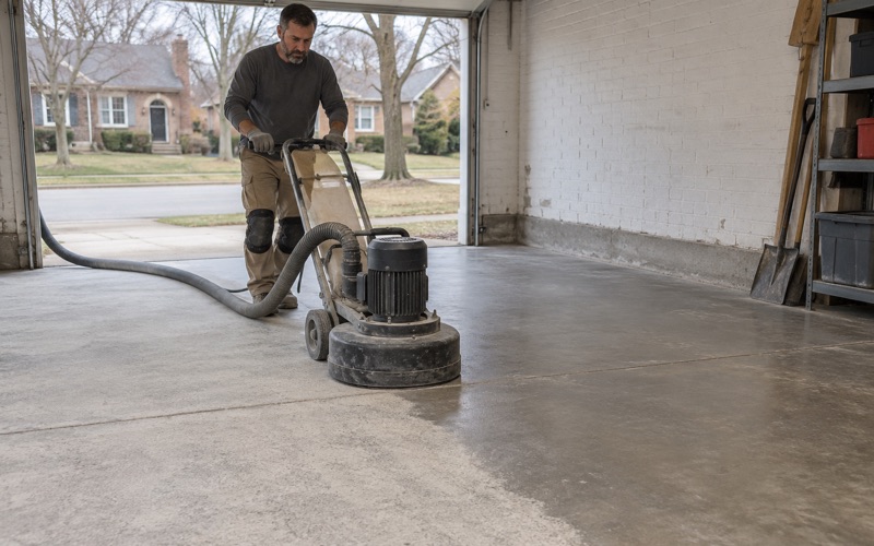 A walk-behind planetary grinder opening the surface of an old Evanston garage slab, half the floor already ground clean.