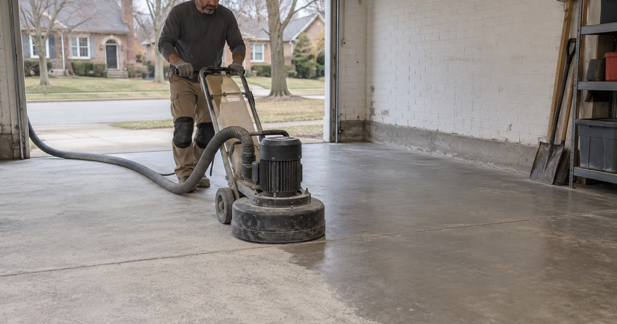 A walk-behind planetary grinder opening the surface of an old Evanston garage slab, half the floor already ground clean.