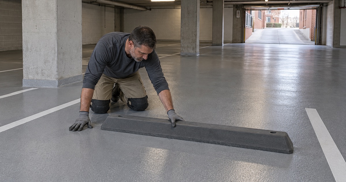 A coated parking level under an Evanston condominium building, a new curb stop being set at a stall beside a column.