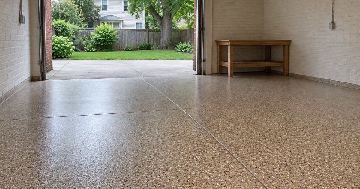An empty finished flake floor in an Evanston detached garage, handed back with the door raised to daylight.