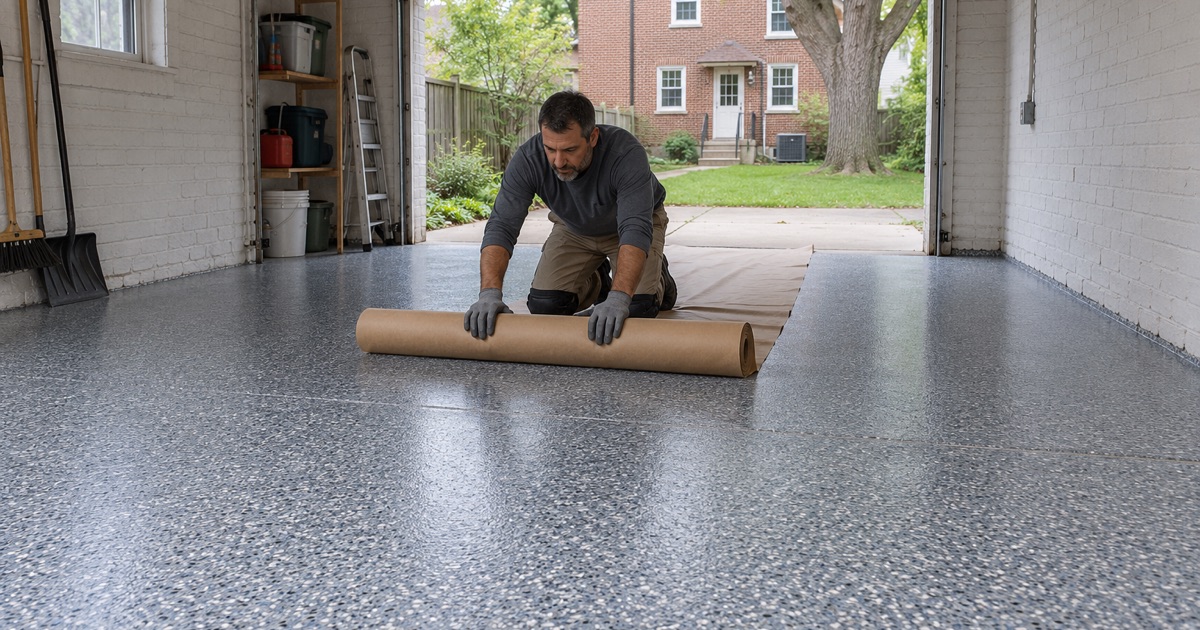 A new gray and blue flake floor in the detached garage of a prewar Evanston brick house, the protective paper being rolled up.