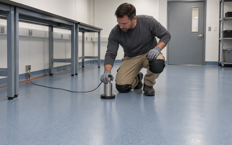 A static-dissipative floor in an Evanston electronics lab being tested with a heavy round electrode set on its surface.