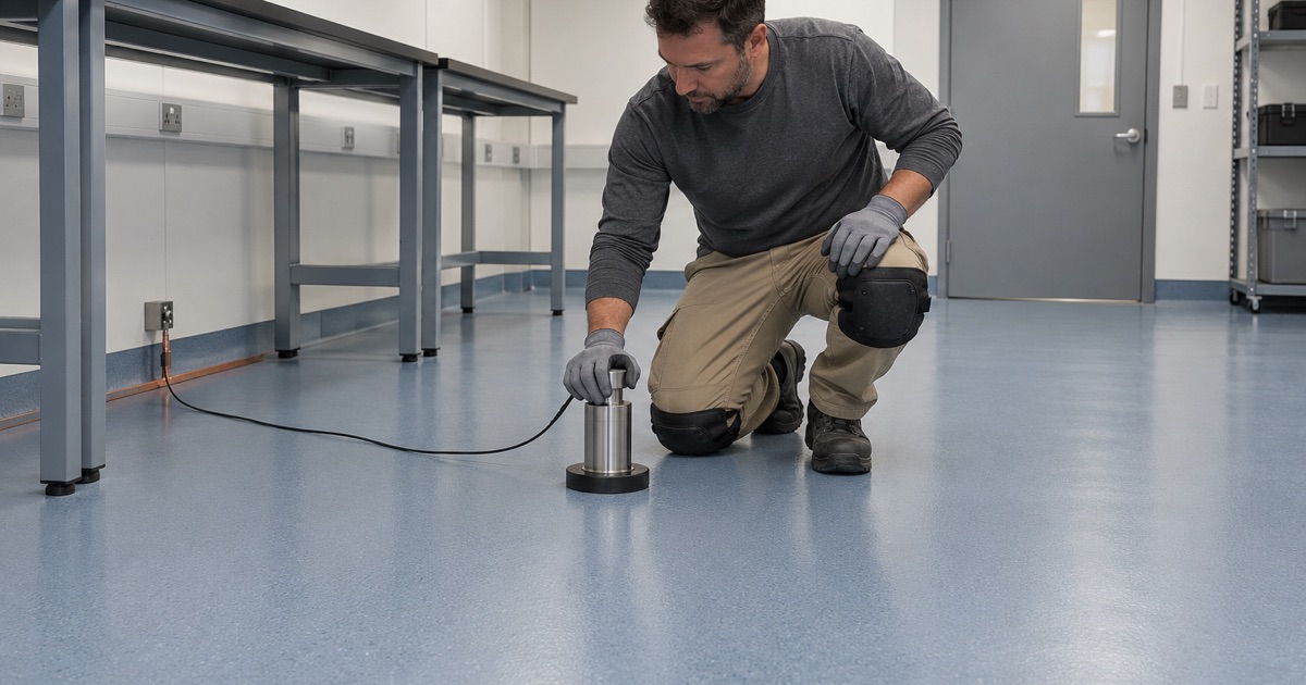 A static-dissipative floor in an Evanston electronics lab being tested with a heavy round electrode set on its surface.