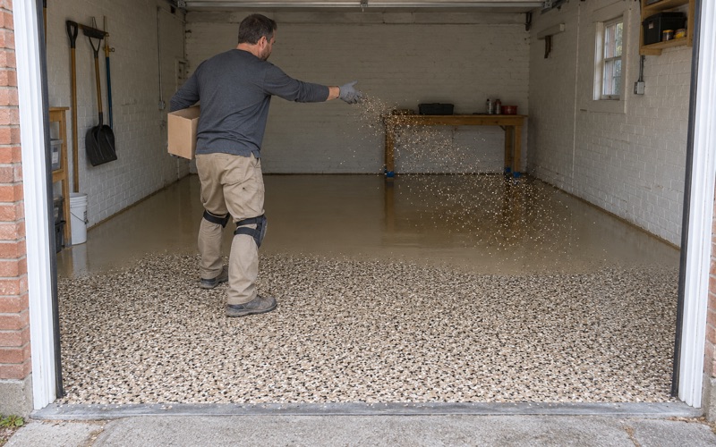 Flake broadcast in progress on an Evanston garage floor, a charcoal, gray and white arc of chip in the air.
