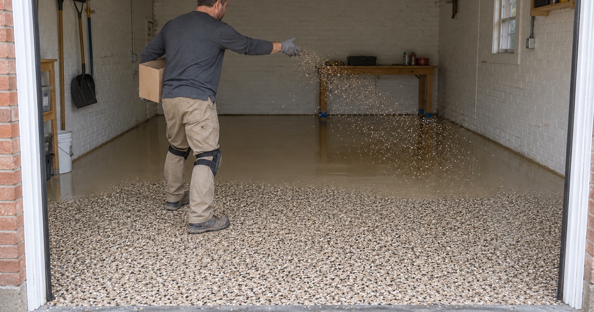 Flake broadcast in progress on an Evanston garage floor, a charcoal, gray and white arc of chip in the air.