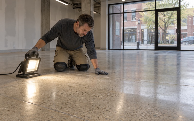 A newly polished concrete floor in an empty Evanston storefront, raking work light showing an even sheen and filled joints.