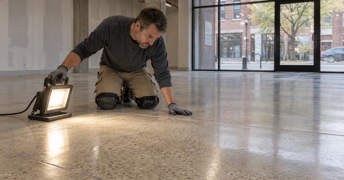 A newly polished concrete floor in an empty Evanston storefront, raking work light showing an even sheen and filled joints.