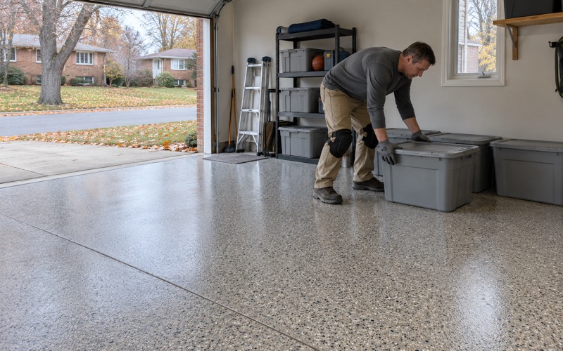 Storage moved back onto a polyaspartic flake garage floor in Evanston the same afternoon it was coated.