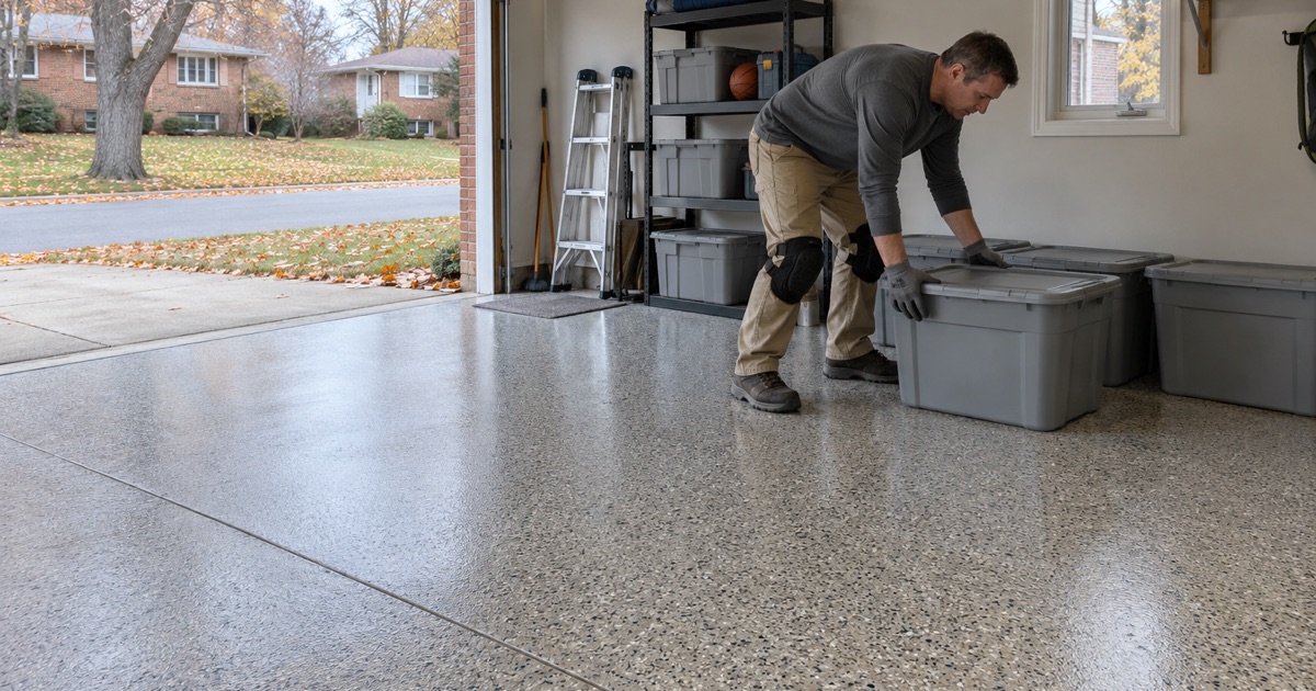 Storage moved back onto a polyaspartic flake garage floor in Evanston the same afternoon it was coated.