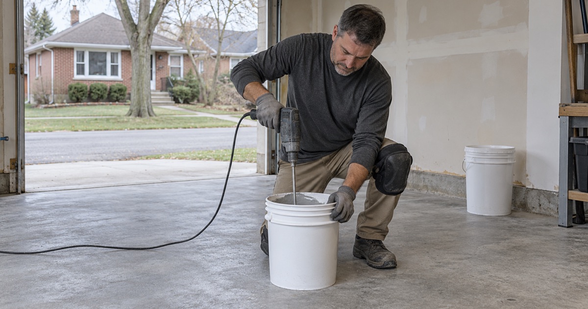 Base coat being mixed in a plain pail on the ground slab of an Evanston attached garage, the first coat about to go down.